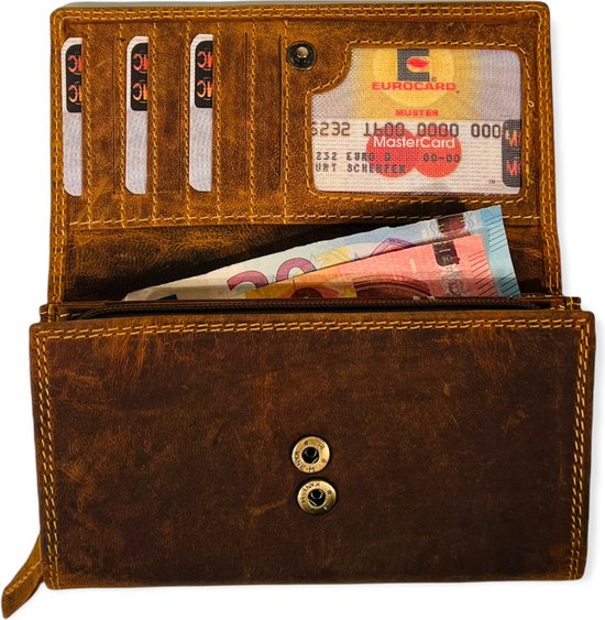 WILD REAL - Portemonnee Dames - Overslagportemonnee - Buffel Leder  - 17 x 10 x 3 cm - Inhoud 17 pasjes - Anti-Skim